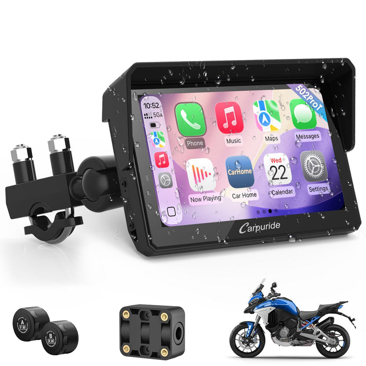 Carpuride W502TPRO Motorrad CarPlay, Android Auto, TPMS und Dual-Bluetooth – 5-Zoll-Display, wasserd