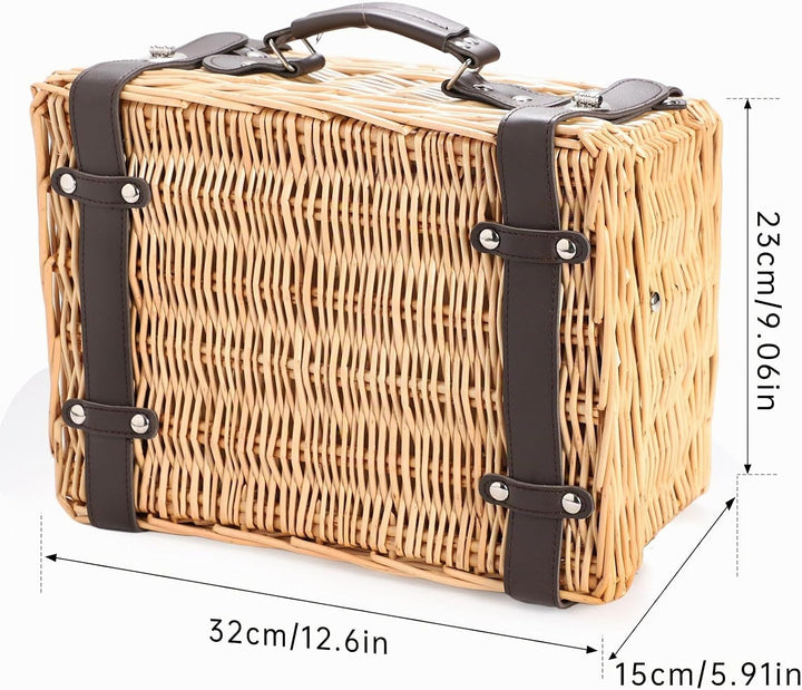 Weiden-Picknickkorb für 2 Personen, Weidenkorb mit Wasserfester Picknickdecke und Besteckset, Pickni