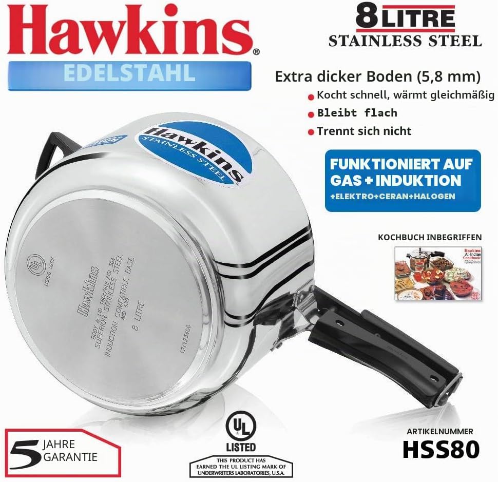 HAWKINS B85 Schnellkochtopf, 8 l, silberfarben, Edelstahl, Silber