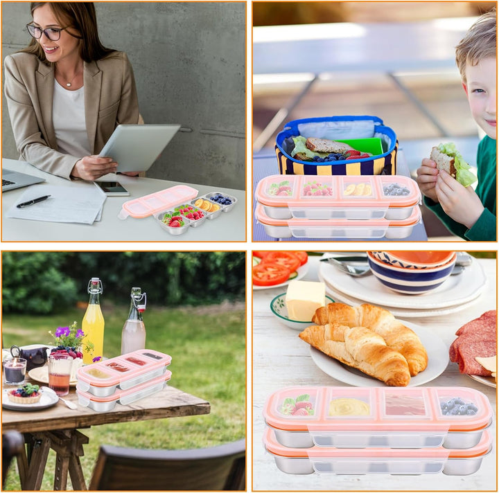 2 Stück Snackbox mit Fächern, Snackteller aus Edelstahl, Snackschale mit Deckel,Luftdichte & auslauf