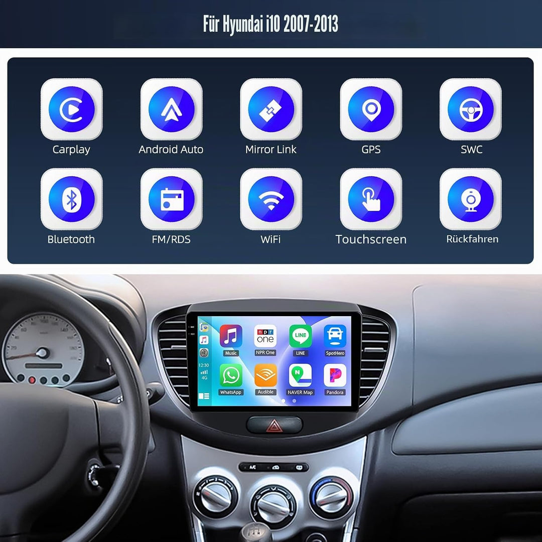 4+128G Android 15 CAMECHO Navi Autoradio für Hyundai i10 2007-2013 mit GPS WiFi FM RDS, Radio Blueto