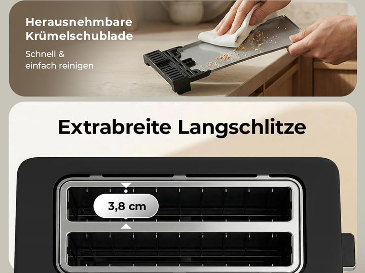 Balter Toaster 4 Scheiben Touch Bedienung, Langschlitz, Edelstahl, Brötchenaufsatz, LCD Display Rest