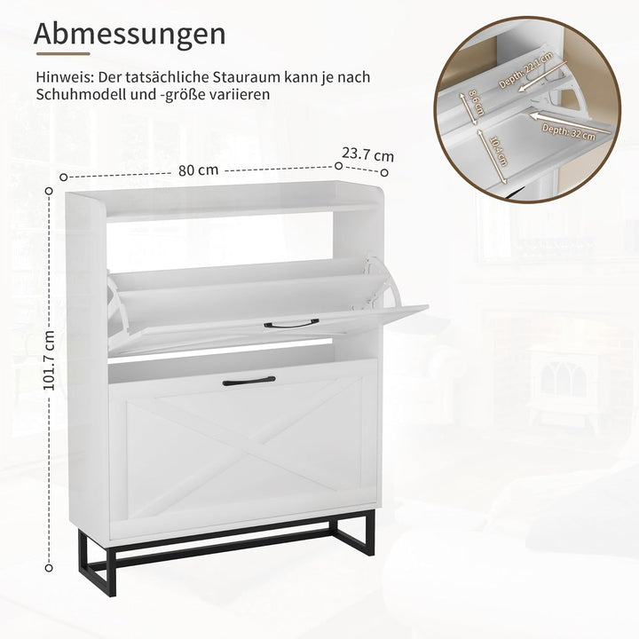 Schuhschrank schmal, Schuhkipper mit 2 Klappen, Schuhregal mit 4 Ablageflächen für Flur, Schuhkommod