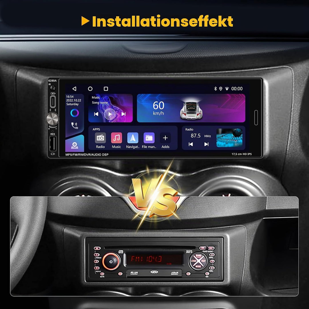 Hikity 1 din Android 15 [2+64G] Autoradio mit Knöpfe Wireless CarPlay Android Auto Mirror Link, 6.9"