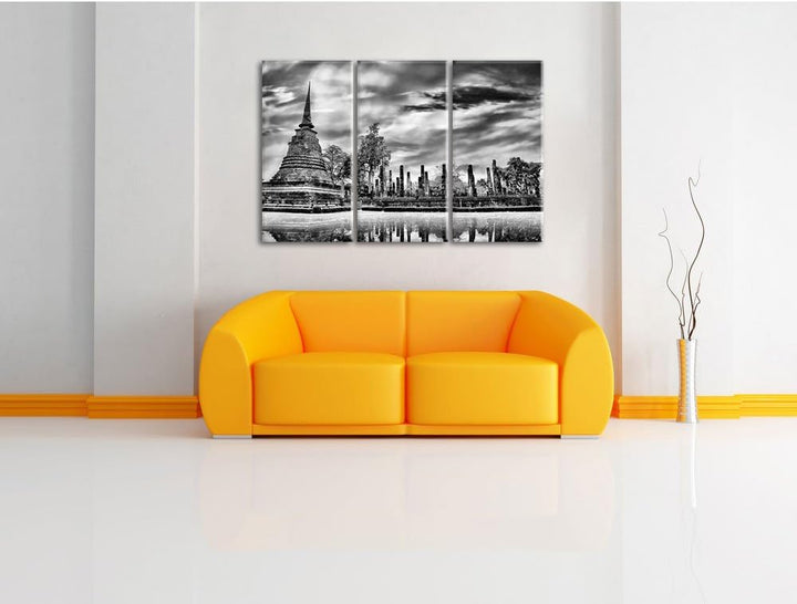 Pixxprint Buddha Tempel im Sonnenuntergang/Format: 3-Teiler (120x80cm) cm/Leinwandbild fertig bespan