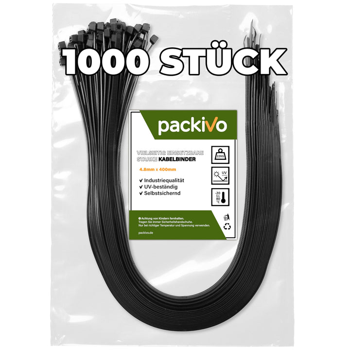 Kabelbinder Schwarz 400mm x 4.8mm, 1000 Stück Kabelbinder UV Beständig lang, Schwarze Binder mit 22K