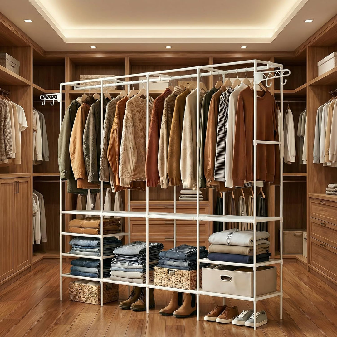 Kleiderständer 4 Ebenen, Offener Kleiderschrank mit Kleiderstange und Ablagen, Freistehender Kleider