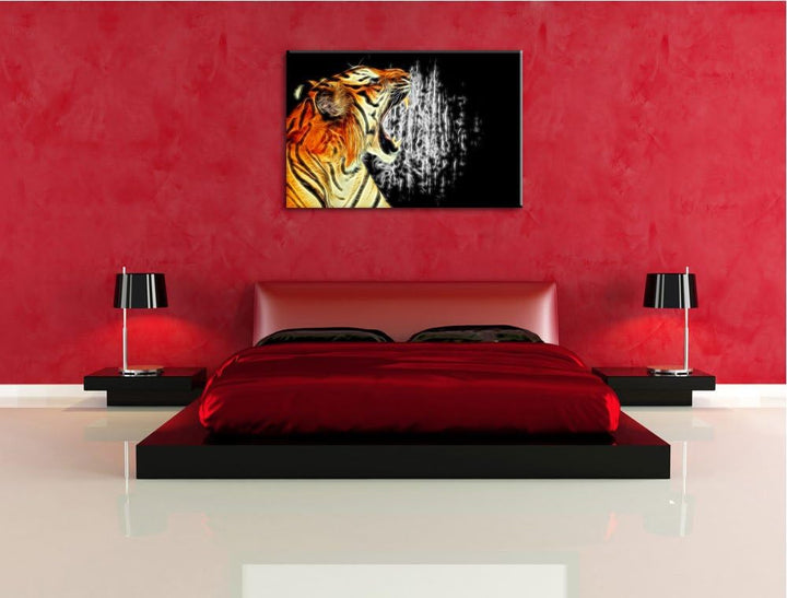 Dark Brüllender Tiger auf Leinwand, XXL riesige Bilder fertig gerahmt mit Keilrahmen, Kunstdruck auf