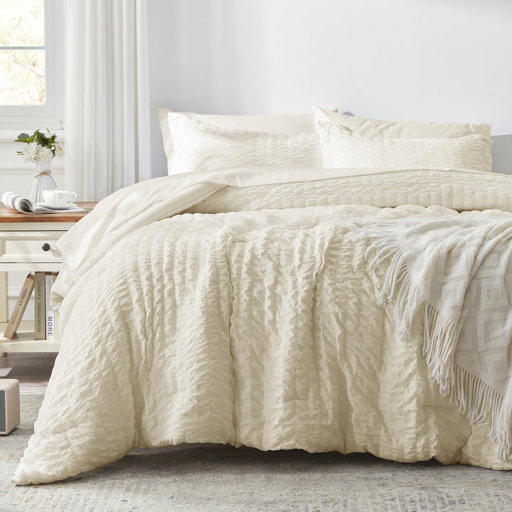 Zzlpp Queen-Bettwäsche-Set, 7-teilig, hellgelbes Seersucker-Bett in Einer Tasche mit Steppdecke, 2 K