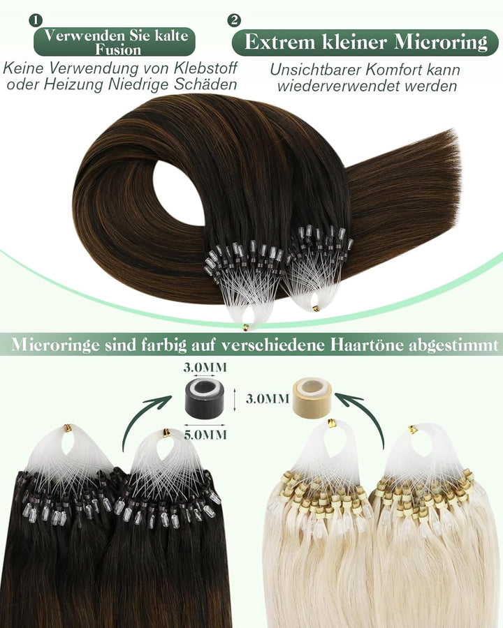 Ugeat Extensions Echthaar Micro Ring Balayage Braun 40 cm Microring Extensions Echthaar Ombre Dunkel