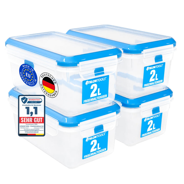 ATHLON TOOLS 4x 2L Frischhaltedosen-Set - 100% luftdicht und auslaufsicher -40 bis +100 Grad - für a