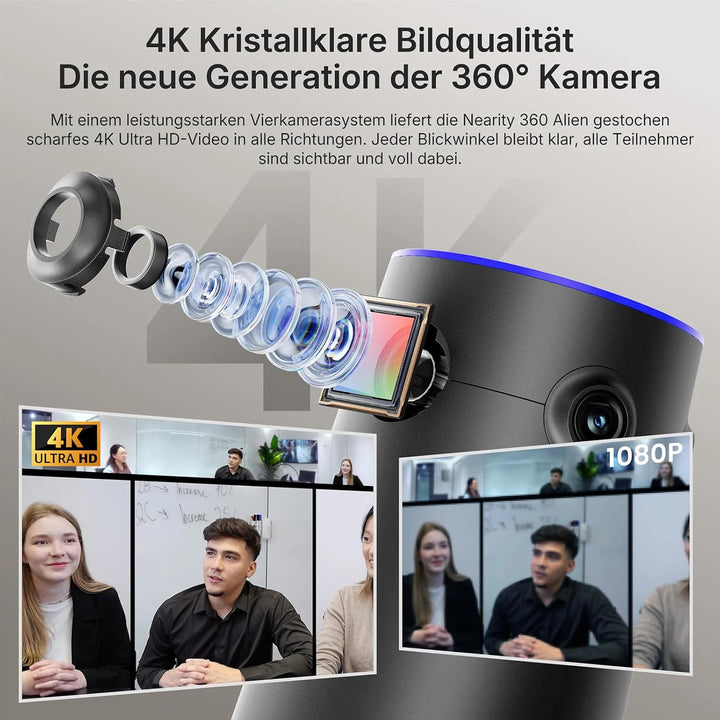 NEARITY 360 Alien 4K Webcam für Videokonferenz, 3 KI-Modi, 6 Mics mit Geräuschunterdrückung, Auto-Fr