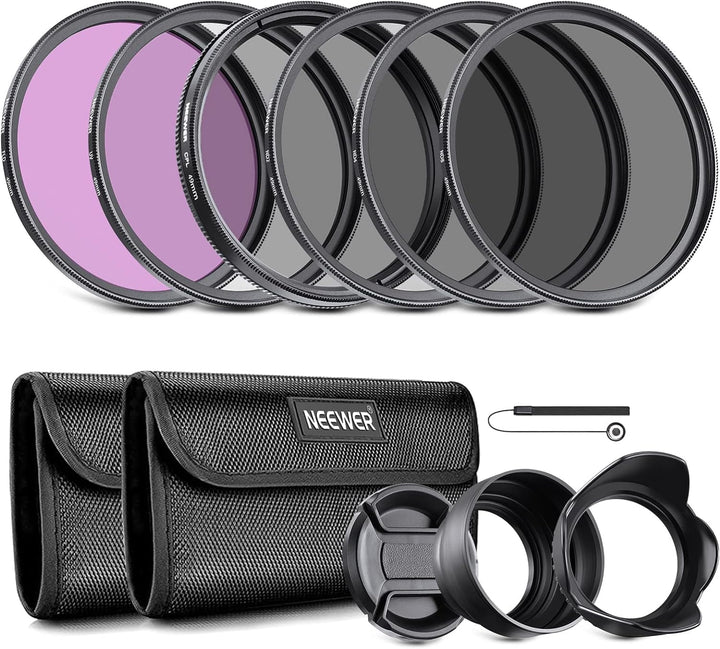 NEEWER 49mm ND Filter Set UV CPL(Polfilter) FLD ND2 ND4 ND8 Graufilter Gegenlichtblende und Objektiv