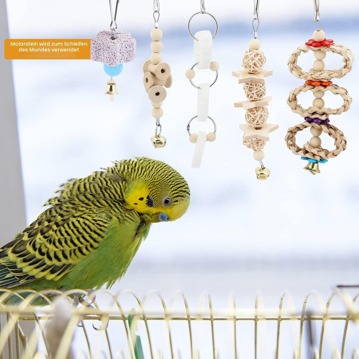Papageienspielzeug, Spielzeug für Nymphensittiche, Vögel, Kauen, Naturholz, Hängematte, Glocke, Voge