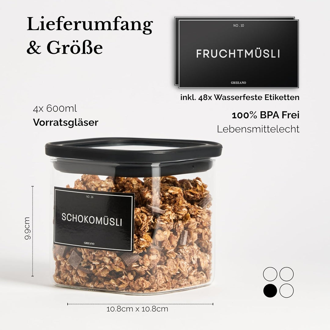 Vorratsgläser eckig mit Glasdeckel 600ml [4er Set] – Vorratsdosen Glas luftdicht & mottensicher – Au