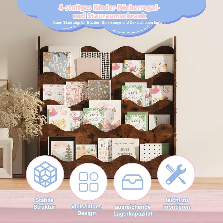 Kinder Bücherregal aus Kieferholz, Montessori Kinderregal mit 4 Ablagen, für Kinderzimmer Spielzimme