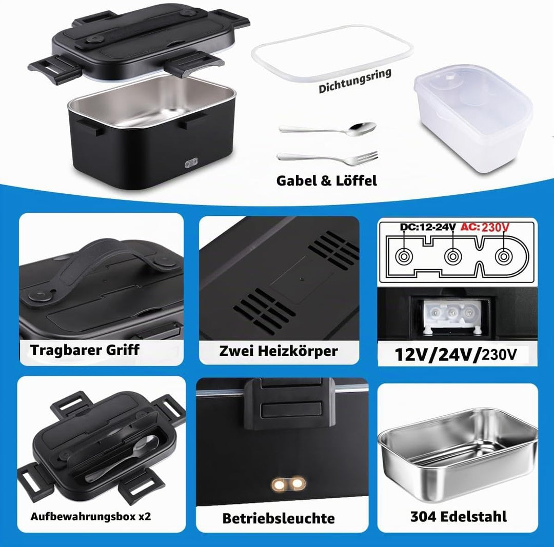 Kimfead Elektrische Lunchbox 75W 1,8L Edelstahl Entnehmbare Tragbarer brotdose 12V/24V/220V Insulate