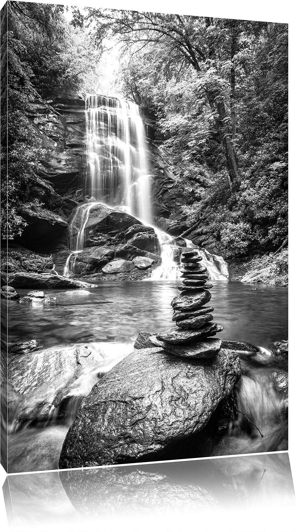 Pixxprint Zen Steine vor Wasserfall Kunst B&W, Format: 100x70 auf Leinwand, 100x70