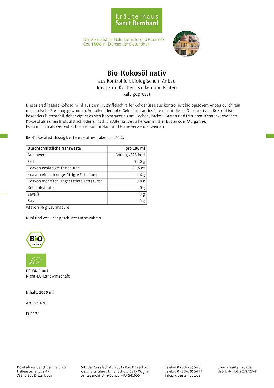 Sanct Bernhard Bio-Kokosöl kalt gepresst 2 x 1000 ml 1 l (2er Pack), 1 l (2er Pack)