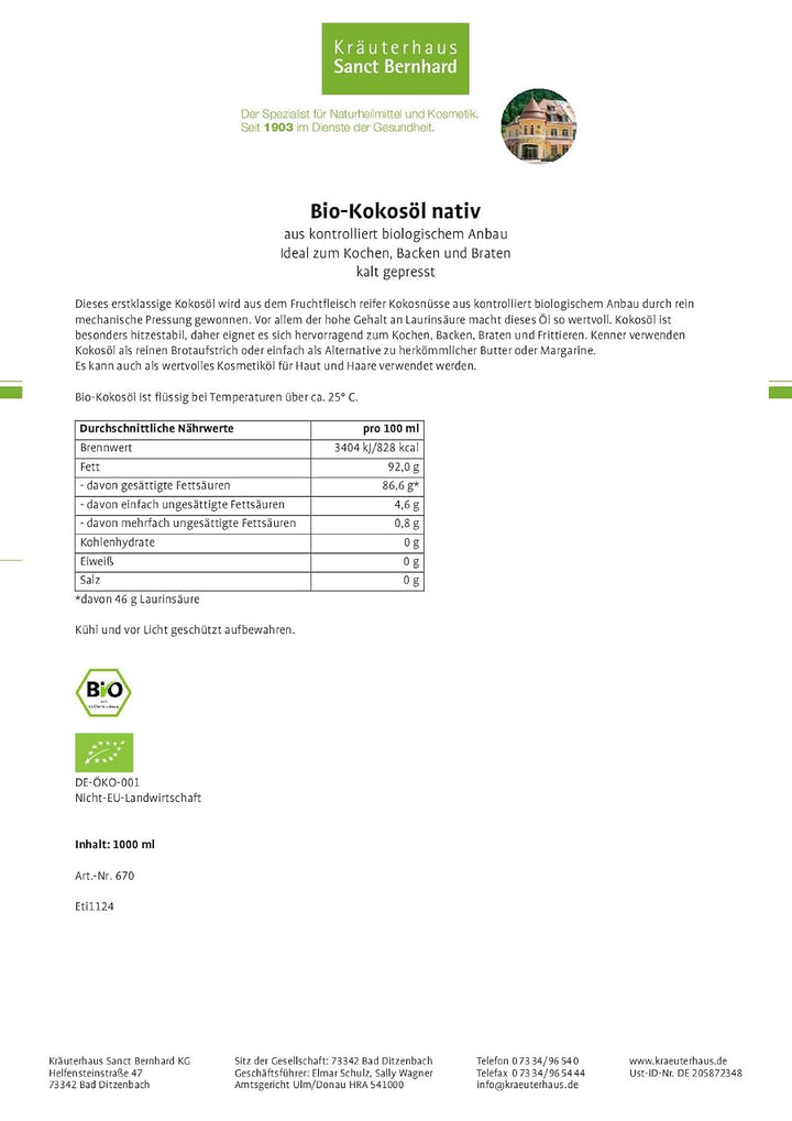 Sanct Bernhard Bio-Kokosöl kalt gepresst 2 x 1000 ml 1 l (2er Pack), 1 l (2er Pack)
