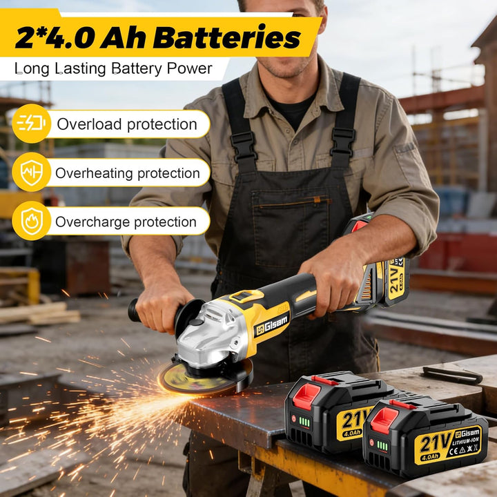 Gisam Akku Winkelschleifer 125mm, Bürstenloser Motor, 4 Drehzahlstufen, 10000 U/min, Flex Akku Winke