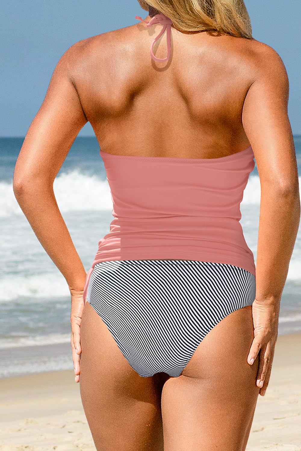 Beachsissi Damen Zweiteiler Badeanzüge Gepolsterter Kordelzug Seitliche Bademode Neckholder Leopard