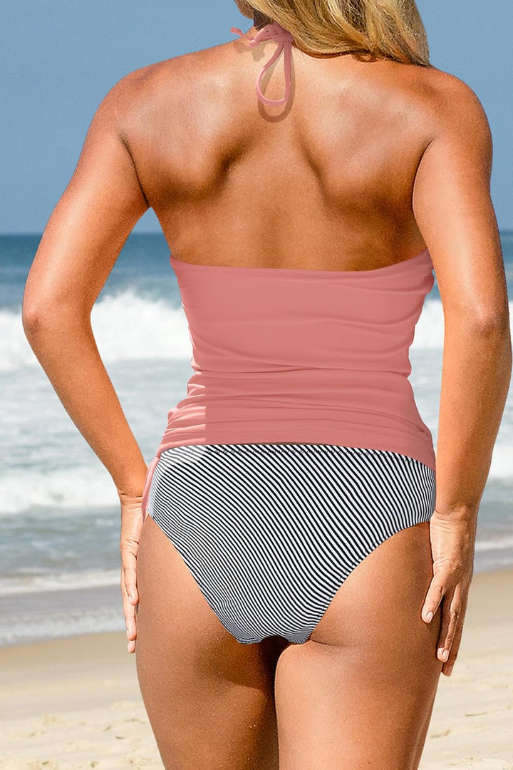 Beachsissi Damen Zweiteiler Badeanzüge Gepolsterter Kordelzug Seitliche Bademode Neckholder Leopard
