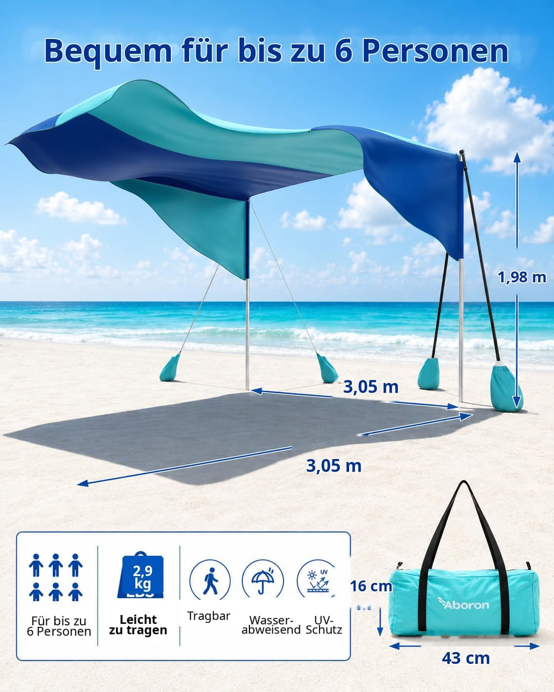 Strand-Sonnensegel 3 x 3 m, windfest, UPF 50+, für 4–6 Personen | 9,3 m² Schattenfläche mit Stangen