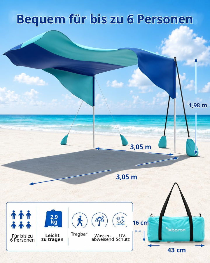 Strand-Sonnensegel 3 x 3 m, windfest, UPF 50+, für 4–6 Personen | 9,3 m² Schattenfläche mit Stangen