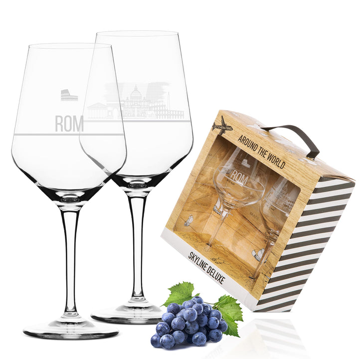 2er Set Weinglas Rom in schöner Geschenkbox | Hochwertiger Siebdruck im eleganten Ätzweiss, detailli