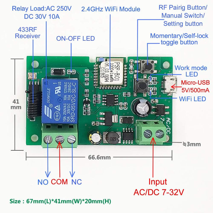 Newgoal 1 Kanal WiFi Wireless Smart Switch Relay Modul für Smart Home Fernbedienung DC 5 V/12 V, Kom