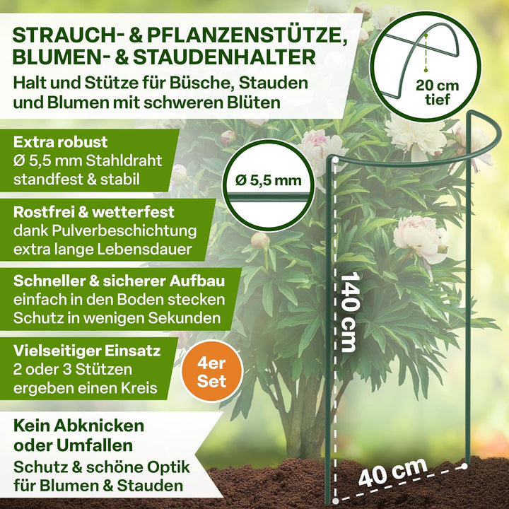 TTL GARDEN Strauchstützen 140cm x 40cm 4er Set - Pflanzenstütze Stahl rostfrei Kunststoff beschichte