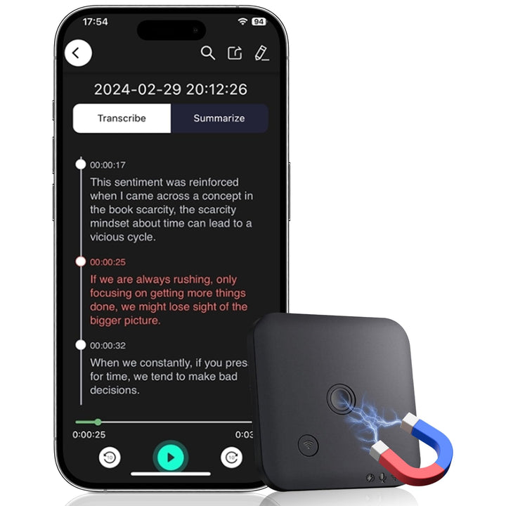 KI Digitales Diktiergerät, 64GB Magnet Mini Aufnahmegerä mit ChatGPT 4o vom Transkribieren und Zusam