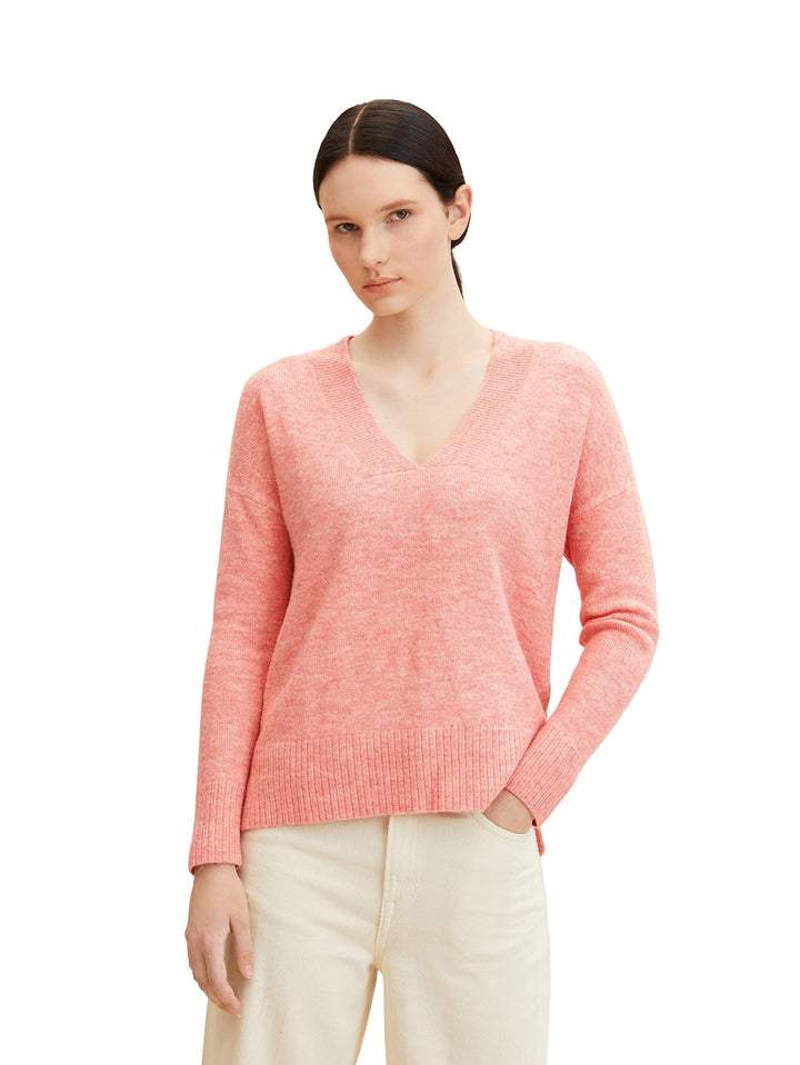 TOM TAILOR Denim Damen Basic Pullover mit V-Ausschnitt XS 30562 - Peach Pink Melange, XS 30562 - Pea