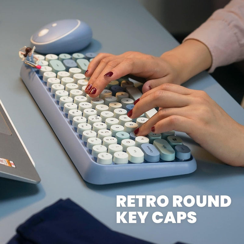 Perixx PERIDUO-713BL Wireless Mini Keyboard and Mouse Combo - Retro Round Key Caps - Pastel Blue - U