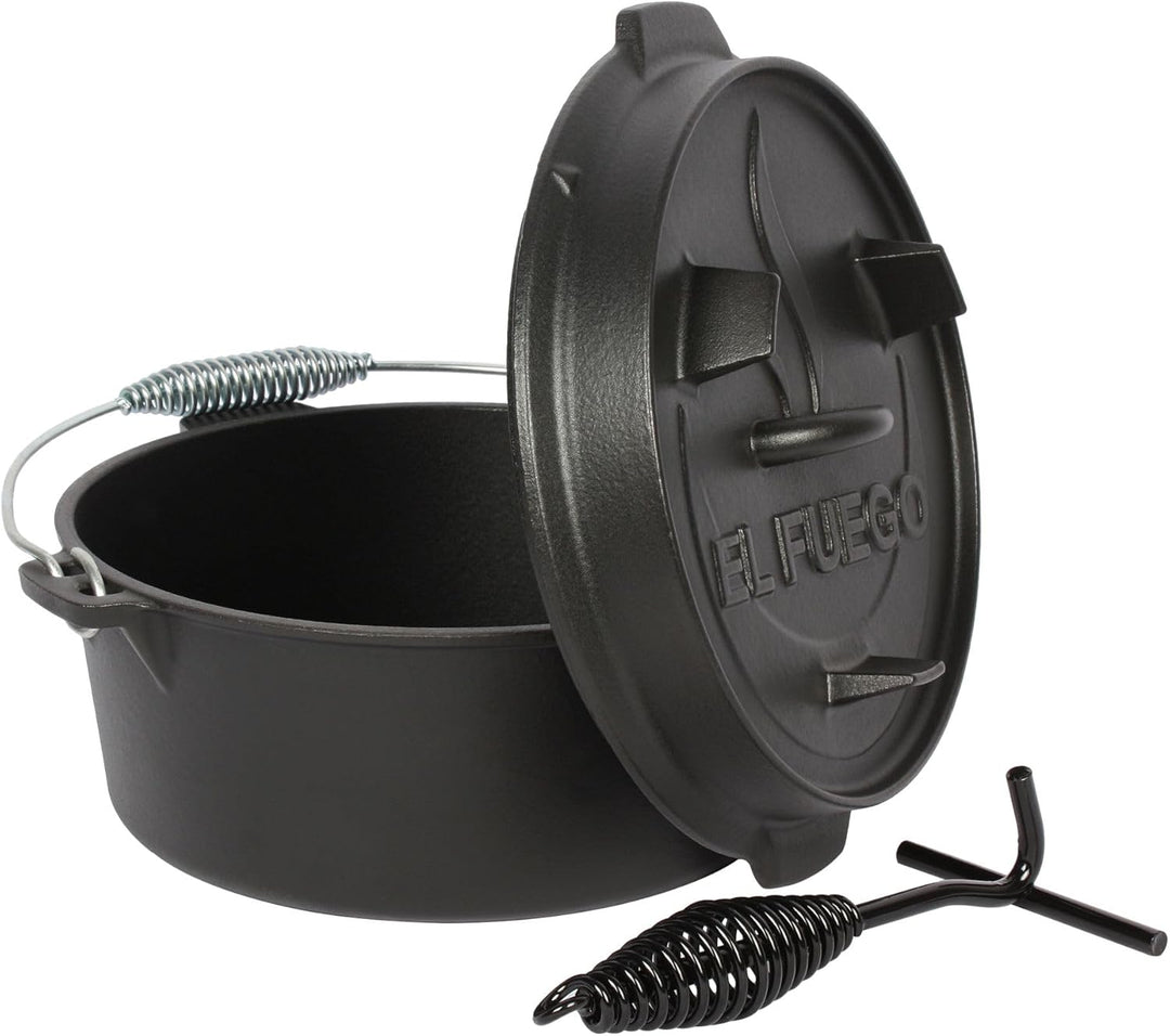 Dutch Oven 4,5 Liter von El Fuego®, 100% Gusseisen, inkl. Schürhaken und Tragebügel, Camping & Outdo