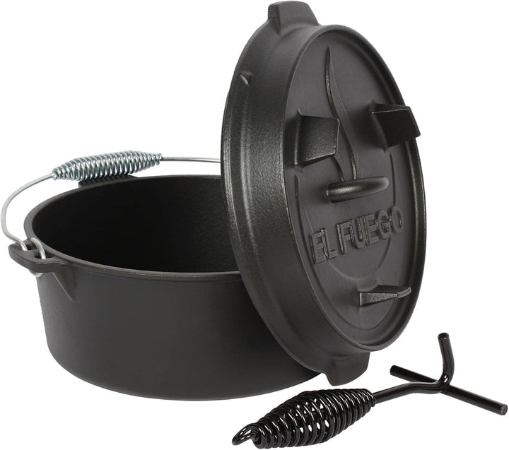 Dutch Oven 4,5 Liter von El Fuego®, 100% Gusseisen, inkl. Schürhaken und Tragebügel, Camping & Outdo