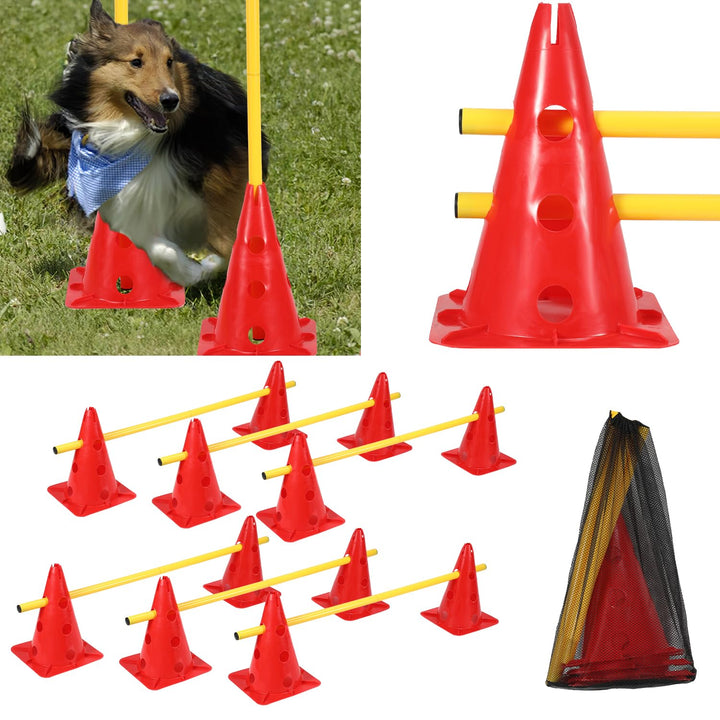 Steckhürdenset Hund, 12 Kegel, 6 Stangen Agility Hürden Steckhürden Set, Koordinationstraining für K