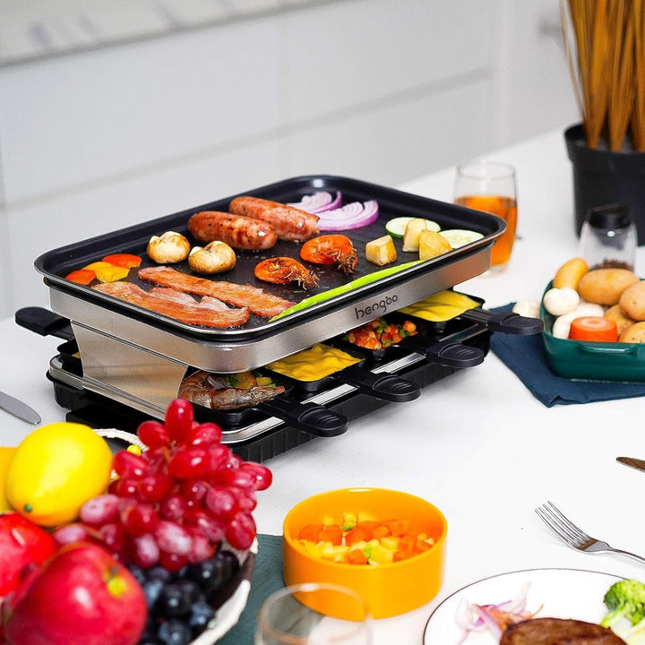Raclette 8 Personen Tischgrill Elektrisch, Raclette Grill mit 8 Mini Raclette Pfännchen & 4 Holzspat