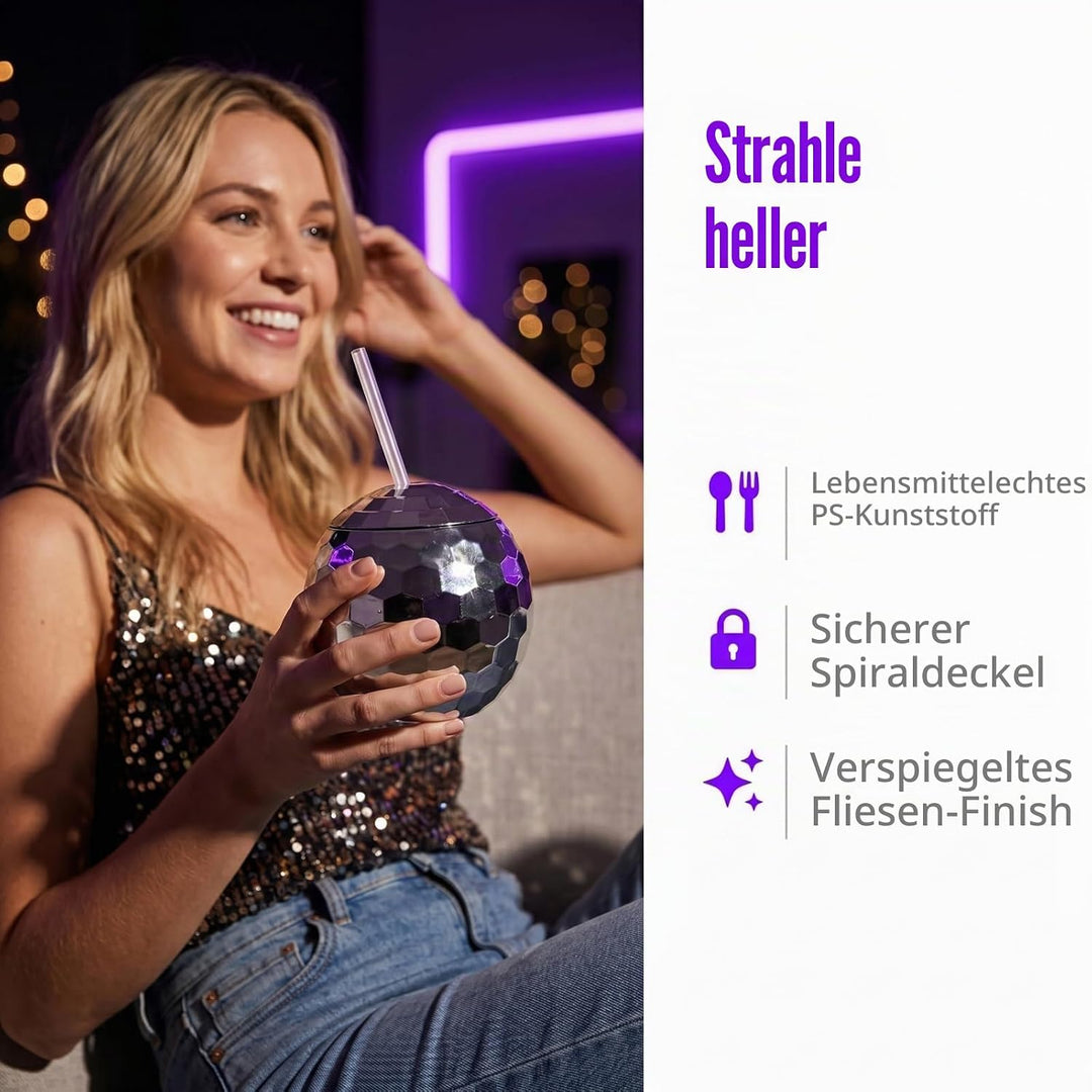 Nicunom 6 Stück 540 ml Discokugelbecher mit Deckel und Trinkhalmen Wiederverwendbar, silberfarben, D