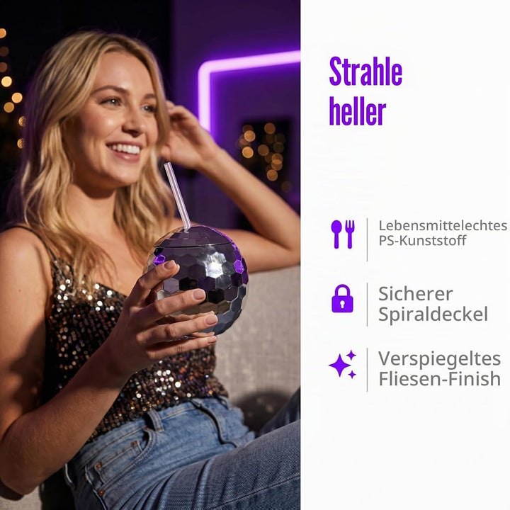 Nicunom 6 Stück 540 ml Discokugelbecher mit Deckel und Trinkhalmen Wiederverwendbar, silberfarben, D