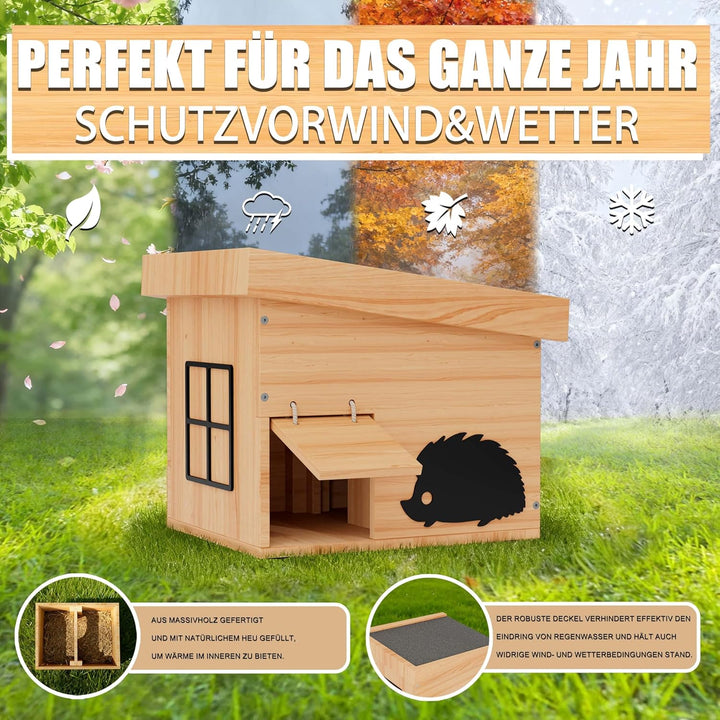 Igelhaus Winterfest aus Holz, Igelhotel mit Boden, katzensicher, wetterfest, Winterquartier für Igel