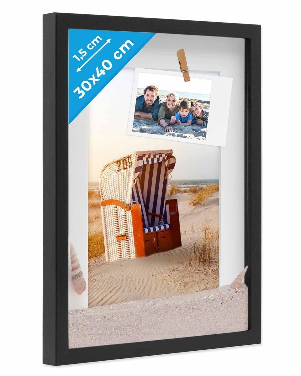 PHOTOLINI 3D Bilderrahmen zum Befüllen 30x40 Schwarz gross, 1,5 cm tiefer Objektrahmen mit Glas, tie