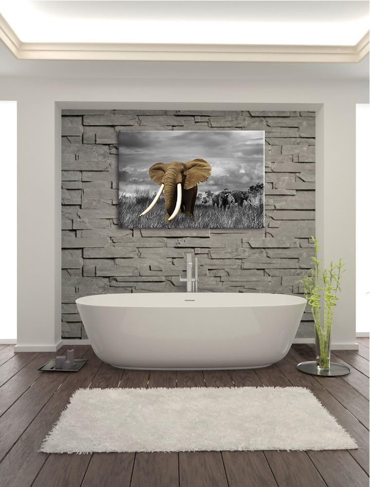 Elefanten in der Savanne schwarz/weiss Format: 100x70 auf Leinwand, XXL riesige Bilder fertig gerahm