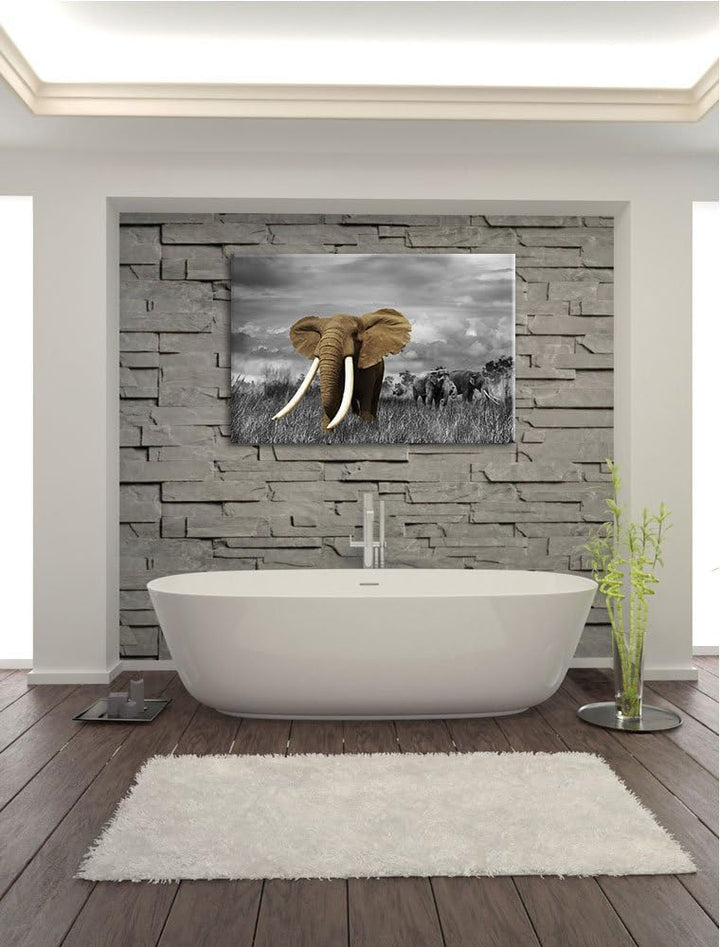 Elefanten in der Savanne schwarz/weiss Format: 100x70 auf Leinwand, XXL riesige Bilder fertig gerahm