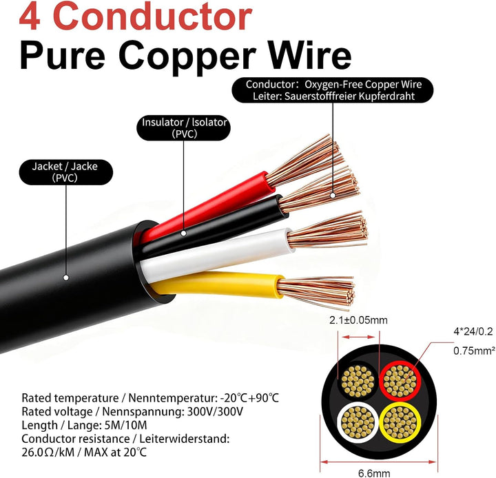10M Fahrzeugleitung 4x0,75mm² Rundkabel, 12V 24V 4 Adriges Anhängerkabel, 4 Adriges Elektrokabel FLR