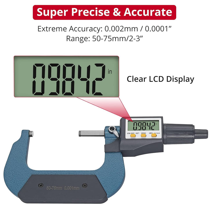 XUNTOP Mikrometer Digital 50-75mm Elektronische Mikrometer Hohe Präzision Bügelmessschraube mit LCD-
