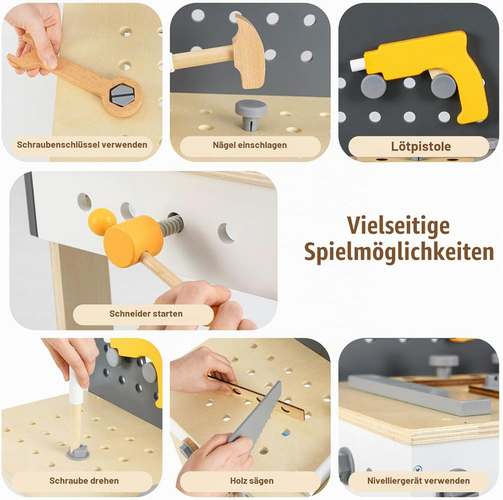 HOMASIS Werkzeugbank Kinder, Werkbank Spielwerkbank Holz, Werkstatt mit 50 TLG. Zubehör &amp; Tafel &amp; Ar