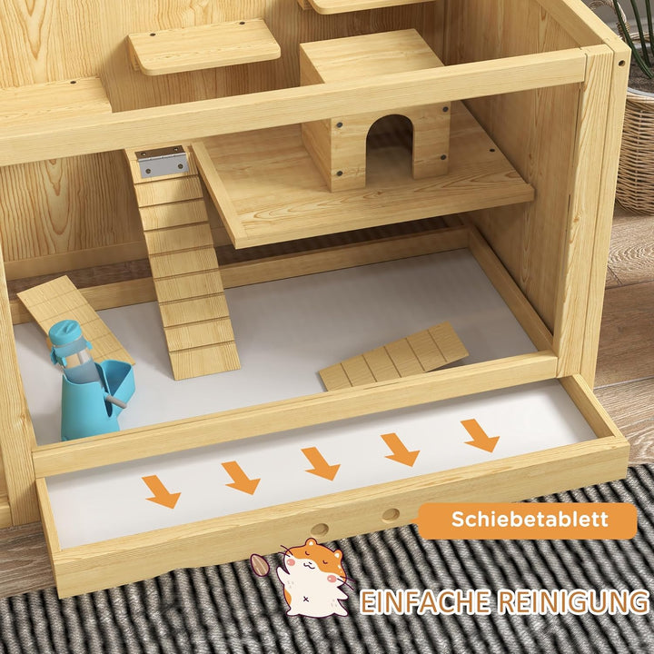 PawHut Hamsterkäfig aus Holz, 100 cm Kleintierstall, Kleintierkäfig Spielhaus für Gerbils Nagerkäfig