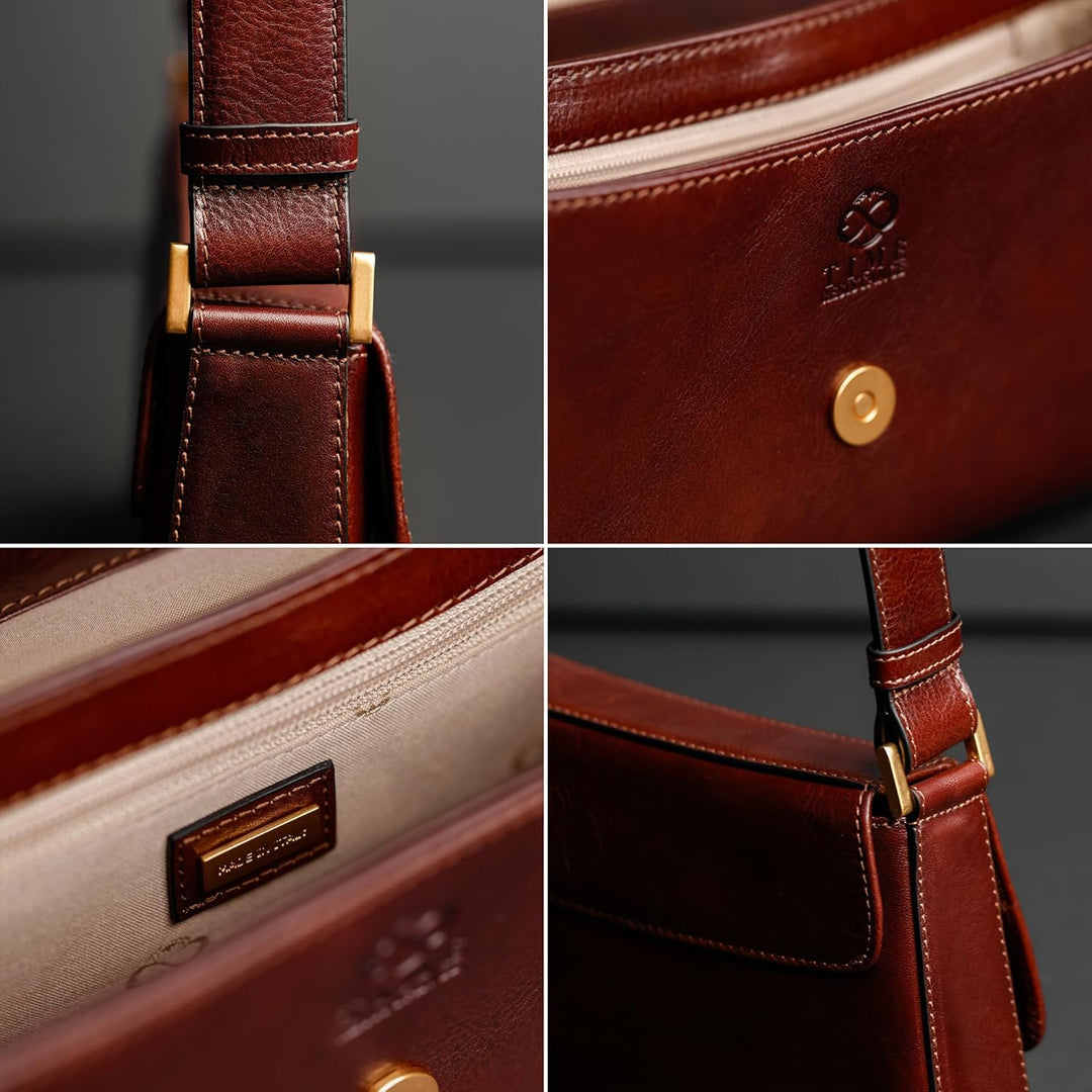 Time Resistance Lederhandtasche - Geldbörse aus Vollnarbenleder für Damen - Umhängetasche Braun, Bra
